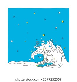 Cartoon illustration of a surfer conquering the waves, with a blue sky background. suitable for background, design elements or other design product needs