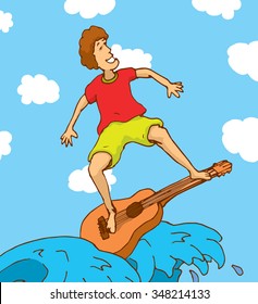 Cartoon illustration of surfer riding a guitar
