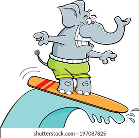 Cartoon illustration of a surfing elephant.