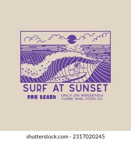 Cartoon-Illustration Surfen grafische Wellen Design Sonnenuntergang Vintage tropischen T-Shirt