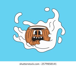 Cartoon illustration of a surprised coconut shell with splashing coconut milk in retro hand drawn