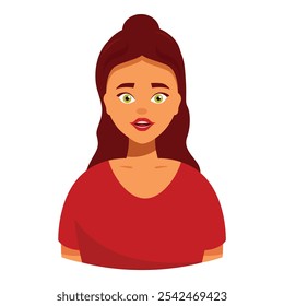 Cartoon illustration of a surprised woman with red hair in red shirt