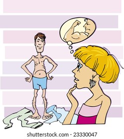cartoon illustration of surprised woman and thin guy