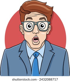 Cartoon illustration of surprised young businessman character in suit and glasses