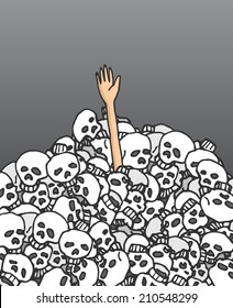 Cartoon illustration survivor hand coming out from skulls pile