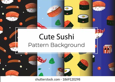 Cartoon illustration sushi pattern background design. Set of vector doodle sushi. Illustration of japanese food. pattern background