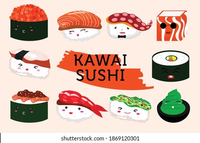 Cartoon illustration sushi pattern background design. Set of vector doodle sushi. Illustration of japanese food. pattern background