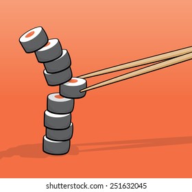 Cartoon illustration of a sushi tower thrown out of balance by chopsticks