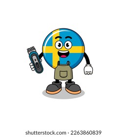 Cartoon Illustration of sweden flag as a barber man , character design