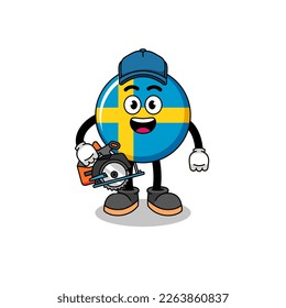 Cartoon Illustration of sweden flag as a woodworker , character design
