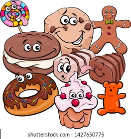 Cartoon Illustration of Sweet Food Cakes and Cookies Characters Group