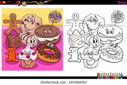 Cartoon Illustration of Sweet Food Characters Group Coloring Book Worksheet