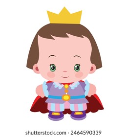 cartoon illustration, sweet prince with a big head with a crown on his head and in a cloak, isolated object on a white background, vetor, eps