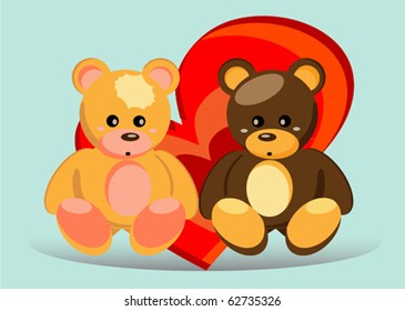 cartoon illustration of sweet teddy bears in love with heart shape