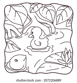 cartoon illustration swimming duck coloring book or page for kids black and white