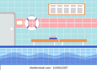 cartoon illustration of swimming pool interior for swimming in flat style, in nice blue colors with water and walls with tiles, benches and towels