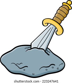 Cartoon illustration of a sword in a stone.