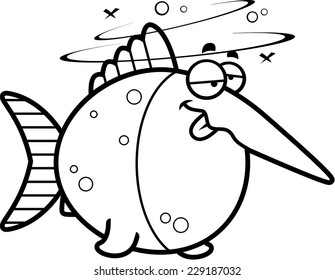 A cartoon illustration of a swordfish looking drunk.