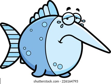 A cartoon illustration of a swordfish sad and crying.