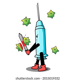 cartoon illustration of a syringe against the covid-19 virus, vaccine mascot. fit for print design and more