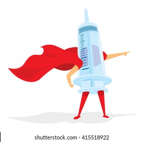Cartoon illustration of syringe super hero saving the day