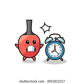 Cartoon Illustration of table tennis racket is surprised with a giant alarm clock , cute style design for t shirt, sticker, logo element