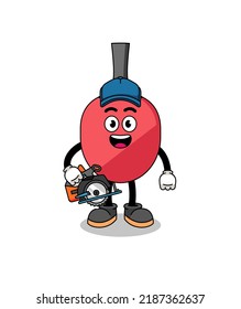Cartoon Illustration of table tennis racket as a woodworker , character design
