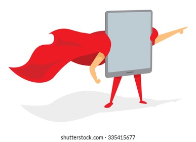 Cartoon illustration of tablet super hero standing with cape