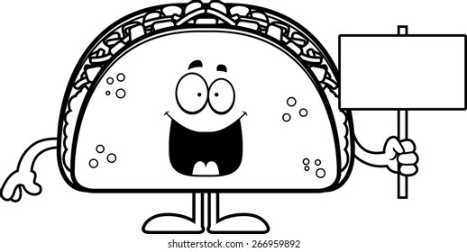 A cartoon illustration of a taco holding a sign.