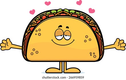 A cartoon illustration of a taco ready to give a hug.