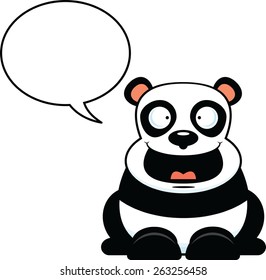 Cartoon illustration of a talking panda with a speech bubble. 