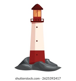 Cartoon illustration of a tall red and white lighthouse standing on rocks with a bright shining light
