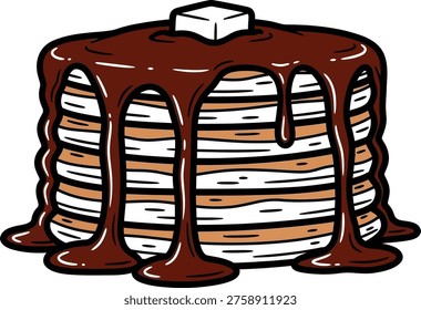 A cartoon illustration of a tall stack of pancakes smothered in chocolate syrup and topped with a pat of butter