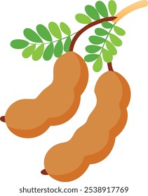 Ilustração de Tamarind Pods com Folhas, ilustração Vetorial de vagens de tamarindo com folhas verdes, retratada em um estilo simples de desenho animado, ideal para temas tropicais ou culinários.