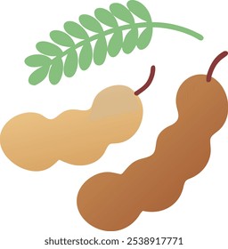 Cartoon Illustration of Tamarind Pods with Leaves, Vector illustration of tamarind pods with green leaves, depicted in a simple, cartoon style, ideal for tropical or culinary themes.