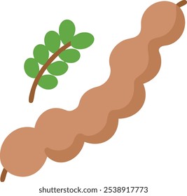 Cartoon Illustration of Tamarind Pods with Leaves, Vector illustration of tamarind pods with green leaves, depicted in a simple, cartoon style, ideal for tropical or culinary themes.