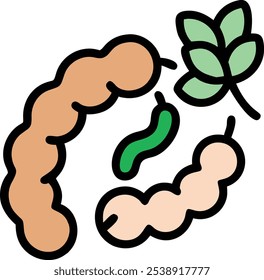 Cartoon Illustration of Tamarind Pods with Leaves, Vector illustration of tamarind pods with green leaves, depicted in a simple, cartoon style, ideal for tropical or culinary themes.