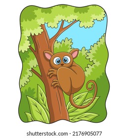 cartoon illustration tarsier climbing a tall and big tree to relax on it