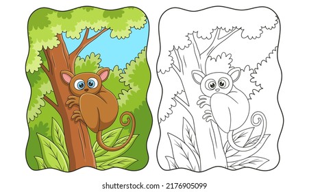 cartoon illustration tarsier climbing a tall and big tree to relax on it book or page for kids