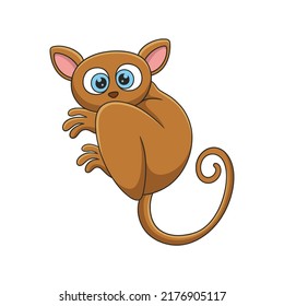 cartoon illustration tarsier climbing a tall and big tree to relax on it