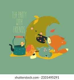 Cartoon Illustration Tea Party with Cute Animals Friends