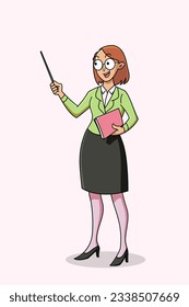 Cartoon illustration of a teacher holding a stick and carrying a book