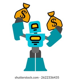 Ilustração de Desenho Animado de um Robô Azul e Cinzento Malabarismo Bolsas de Dinheiro de Ouro com Sinais de Dólar, Isolado em um Fundo Branco, Representando Sucesso Financeiro ou Automação em Finanças