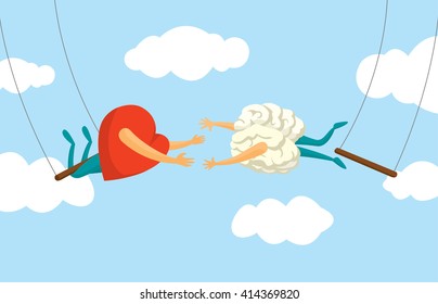 Cartoon illustration of teamwork between heart and brain on flying trapeze