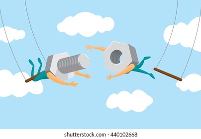 Cartoon illustration of teamwork between nut and screw on flying trapeze