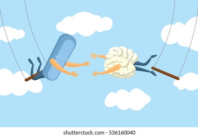 Cartoon illustration of teamwork between pill and brain on flying trapeze