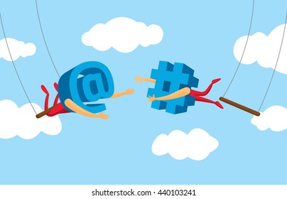 Cartoon illustration of teamwork between social media icon on flying trapeze