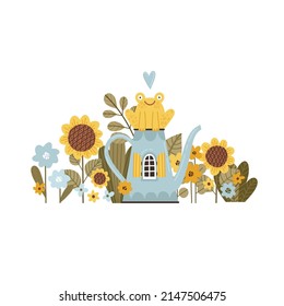 Cartoon illustration with teapot house, frog, sunflowers and other flowers. Vector illustration in doodle style for the design of notebooks, children's clothes, postcards.