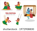 Cartoon illustration of teej festival character set on white background.
