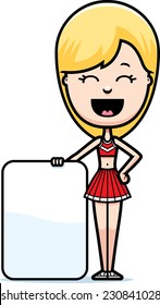 A cartoon illustration of a teen cheerleader girl with a sign.